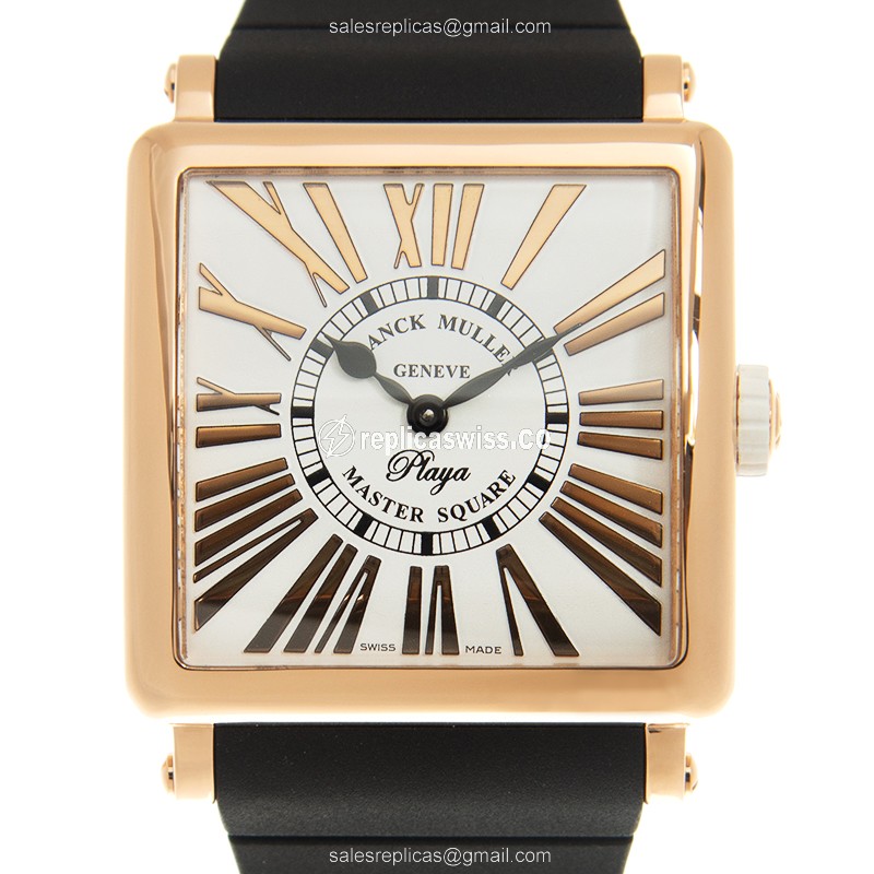 Franck Muller Master Square Replica - Quartz - 18kt Gold - White Dial - Black Rubber Strap - Luxury Replica MASTER SQUARE Watch
